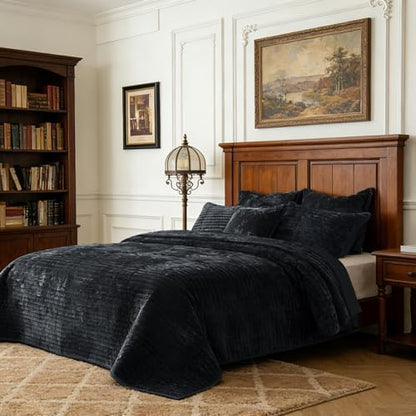 Califonia King Velvet Quilt Set Striped Bedspread 106x118