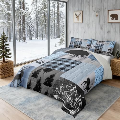 Rustic Patchwork Comforter Set,Blue Grey Checkered Plaid Quilt Set for Kids Teens Adult,Wild Animals Bear Elk Pine Trees Pattern Print Bedding Set Vintage Farmhouse Duvet Insert,Twin Size