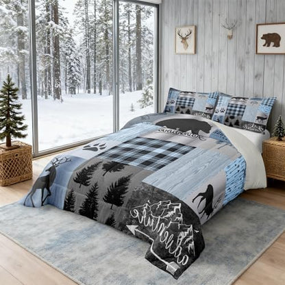 Rustic Patchwork Comforter Set,Blue Grey Checkered Plaid Quilt Set for Kids Teens Adult,Wild Animals Bear Elk Pine Trees Pattern Print Bedding Set Vintage Farmhouse Duvet Insert,Twin Size