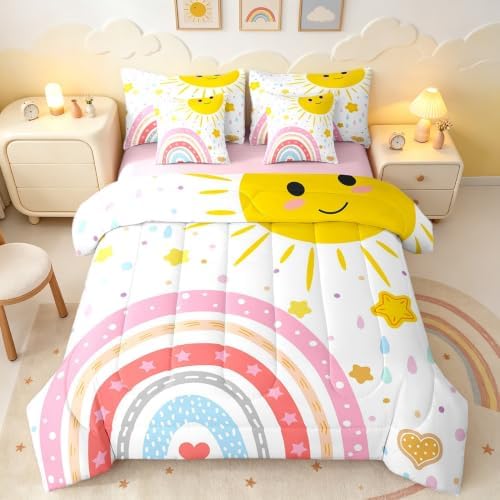 Erosebridal Rainbow Girlsbed in A Bag with Sheets Cute Sun Bedding Set for Kids Teen Colorful Kawaii Rainbow King Comforter Set 7 Piece Cartoon Stars Love Heart Bed Set Bedroom Decor