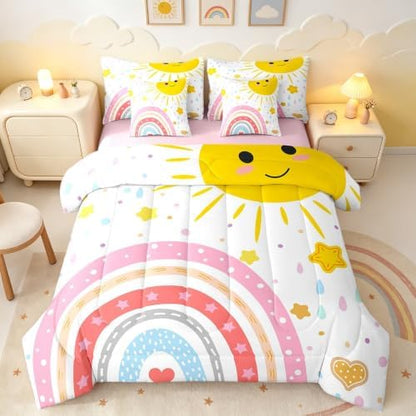 Erosebridal Rainbow Girlsbed in A Bag with Sheets Cute Sun Bedding Set for Kids Teen Colorful Kawaii Rainbow King Comforter Set 7 Piece Cartoon Stars Love Heart Bed Set Bedroom Decor