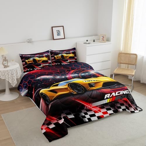 Toddler Race Car Bed for Boys,Red Black Honeycomb Toddler Size Bedding Set Racing Speed Sports Racing Car Comforter Set,Black And White Grid Buffalo Plaid Lattice Quilt Geometric Hexagon Room Decor