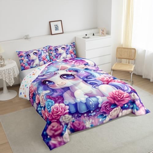 Unicorn Comforter Twin Size Colorful Rose Flower Floral Theme Bedding Set with 1 Pillowcase for Kids Child Girls,Princess Bedroom Cartoon Unicorn Quilt Double-sided Printing Duvet,Colorful Pink