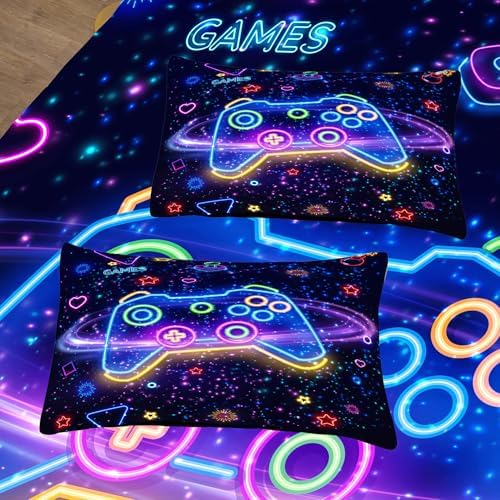 MWMWMW 6 pcs Boys Full Size Bedding Set, Gaming Comforter Sets for Boys,Kids Comforter Set for Boy Teens with 1 Comforter, 1 Flat Sheet, 1 Fitted Sheet, 1 Pillow Cover, 2 Pillowcases