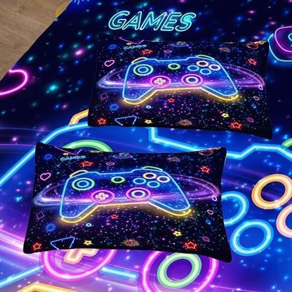 MWMWMW 6 pcs Boys Full Size Bedding Set, Gaming Comforter Sets for Boys,Kids Comforter Set for Boy Teens with 1 Comforter, 1 Flat Sheet, 1 Fitted Sheet, 1 Pillow Cover, 2 Pillowcases
