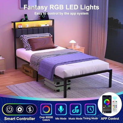 J.Fkne Twin Bed Frames with Charging Station and LED Lights, Twin Size Platform Bed with Metal Slats, Upholstered Headboard with 2-Tier Storage Shelves, No Box Spring Needed, Easy Assembly, Black