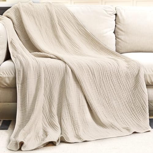 Yoofoss Muslin Blanket 100% Organic Cotton Throw Large 90" x 90" for Bed Couch Summer Gauze Blanket for Adults Lightweight and Breathable Apricot White