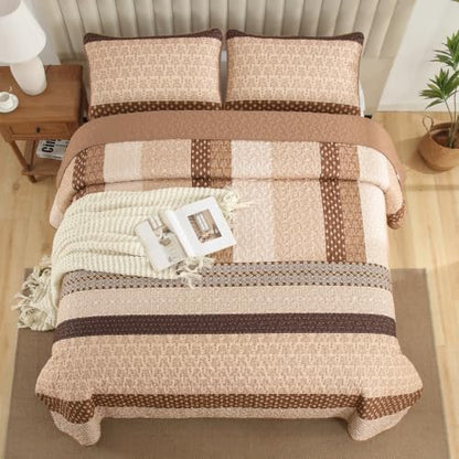 WONGS BEDDING Boho Queen Size Quilt Set, Brown Striped Bedspread