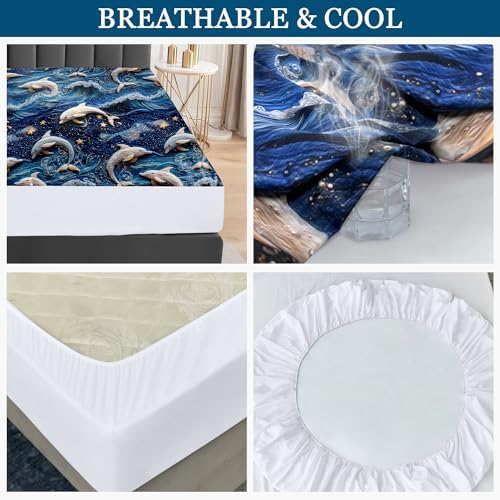 Sufdari Queen Mattress Protector,Waterproof Mattress Protector,Fitted Sheet Style Mattress Cover with 18" Deep Pocket,Washable and Comfortable-Dolphin,Queen