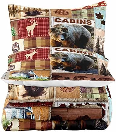 LUVIVIHOME 3PCS Rustic Lodge Comforter Set King Size, Bear Bedding Sets, Elk Deer Forest Woodland Animals Wildlife Hunting Country Farmhouse Red Buffalo Plaid Cabin Patchwork Quilt, 2 Pillow Shams