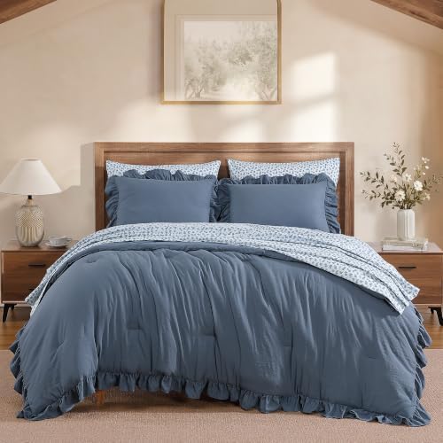 BLOOMHAVEN Full Size Comforter Sets-7 Pieces Ruffle Bedding Floral Sheet
