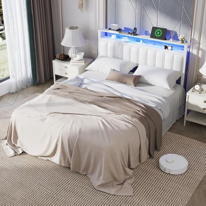 Furnulem White Queen Bed Frame with PU Upholstered Headboard & LED Lights