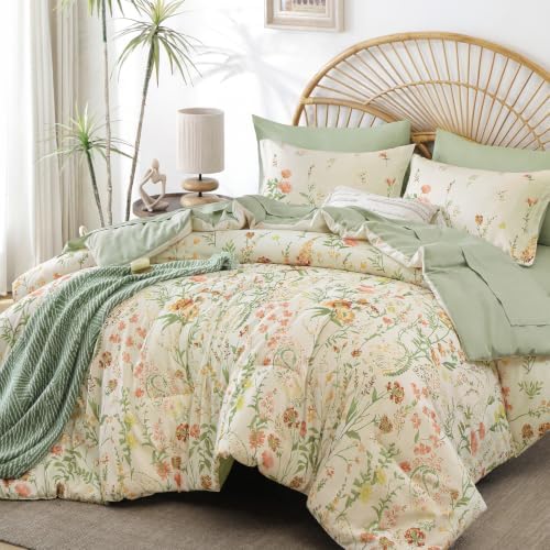 Yiran Beige Floral Comforter Set Full Size, 7 Piece Cute Comforters Bed in a Bag Khaki Flower, Soft Coquette Cottagecore Aesthetic Botanical Bedding Set with Sheets for Women Teen Girls