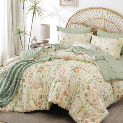 Yiran Beige Floral Comforter Set Full Size, 7 Piece Cute Comforters Bed in a Bag Khaki Flower, Soft Coquette Cottagecore Aesthetic Botanical Bedding Set with Sheets for Women Teen Girls