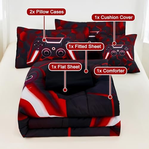 URBONUR Black and Red Gaming Comforter Set Twin Size for Boys 6 Pieces