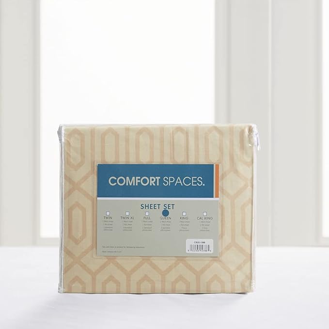 Comfort Spaces 100% Cotton Sheet Set Breathable, Lightweight, Soft with 14" Elastic Pocket Fits up to 16" Mattress, All Season Cozy Bedding, Matching Pillow Case, King Diamond Tan 4 Piece