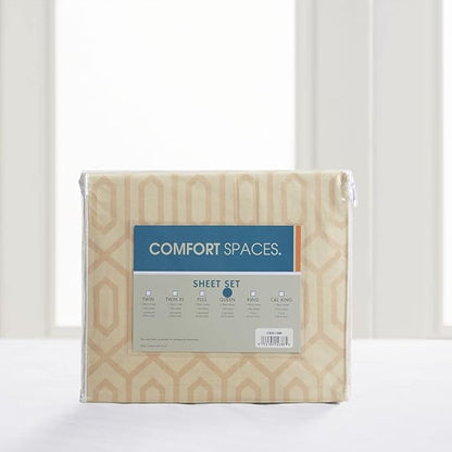 Comfort Spaces 100% Cotton Sheet Set Breathable, Lightweight, Soft with 14" Elastic Pocket Fits up to 16" Mattress, All Season Cozy Bedding, Matching Pillow Case, King Diamond Tan 4 Piece