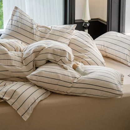 LifeTB Striped Comforter Set King Size Grey Stripes Pattern Printed Comforter 3 Pieces Lightweight Boho Bedding Comforter Set for All Seasons Breathable Soft Fluffy Beige Comforter with 2 Pillowcases