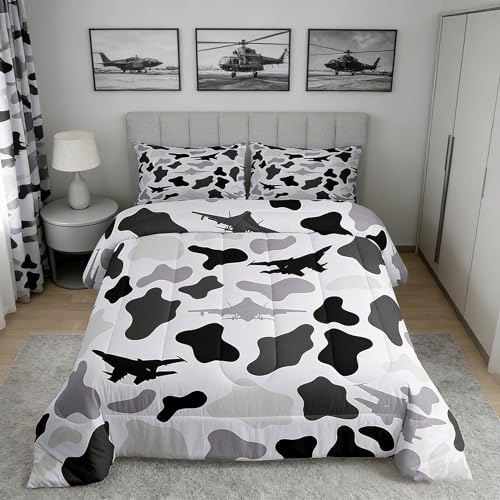Manfei Grey Camouflage Comforter Set Queen Size,Military Aircraft Camo Bedding Set 3pcs,Airplane Themed Camo Down Comforter for All Season,Kids Boys Girls Room Decor,2 Pillowcases,No Sheets