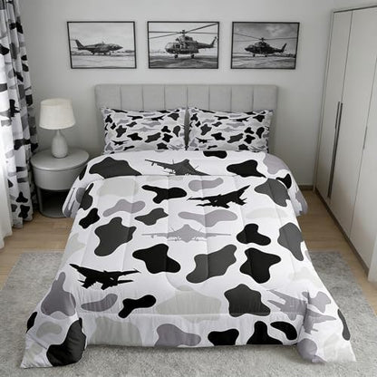 Manfei Grey Camouflage Comforter Set King Size,Military Aircraft Camo Bedding Set 3pcs,Airplane Themed Camo Down Comforter for All Season,Kids Boys Girls Room Decor,2 Pillowcases,No Sheets