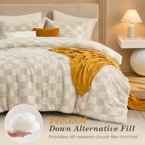 Sasttie Full Comforter Set, 3 PC Boho Tufted Bed, Checkered Bedding, Beige