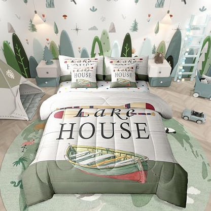 Erosebridal Lake House Decor 7 Pcs Bedding Set Full,Rustic Farmhouse Style Comforter Set,Navy Green White Wood Grain Bed in a Bag,Retro Boat Paddle Sheet Set,Lake House Decor for The Home