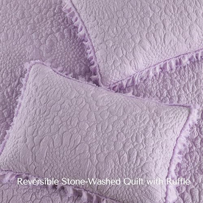 HORIMOTE HOME Lavender Ruffled Quilt Twin Size, Stone-Washed Microfiber Lightweight Crinkled Farmhouse Rustic Shabby Chic Bedding Set, 2 Pieces Reversible Bedspread with Pillow Sham for All Season