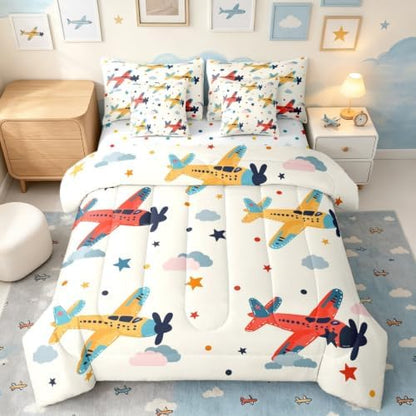 Erosebridal Aircraft Kids King Comforter Set with Sheets 7 piece Cartoon Airplane Clouds Bed in A Bag Flying Plane Stars Print Bedding Sets for Boys Girls Airplane Enthusiasts,Aviation Theme Bed Set