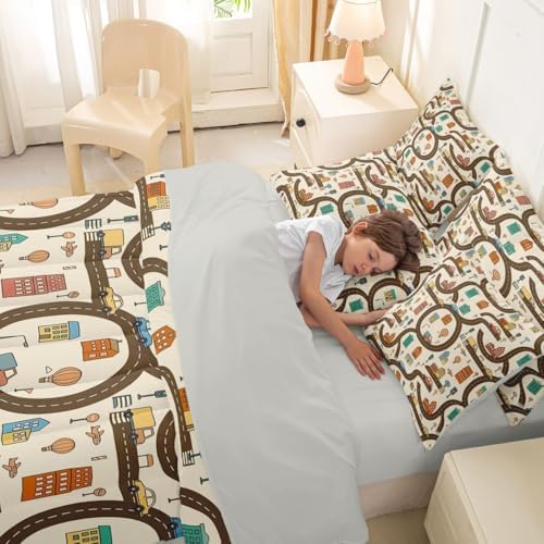 Erosebridal 7 Pcs Cartoon Car Kids Twin Bedding Set Cityscape City Car Comforter Set with Sheets for Boys Teens Men Funny House Building Road Map Bed in A Bag Modern Transportation Vehicle Bed Sets