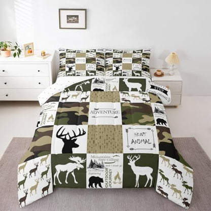 Castle Fairy Grid Comforter Set Queen Size for Kids Teens Boys Home Decor,Camo Deer Antler Arrows Bedding Outdoor Adventure Quilt Bear Elk Animal Duvet Insert with 2 Pillowcases,Army Green White