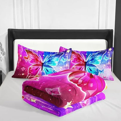 Nttopship Red and Blue Butterfly Comforter Set King Size,100% Soft Ultra-Fine Fiber Four Season Printed Comforter Set with 1 Comforter and 2 Pillow Case