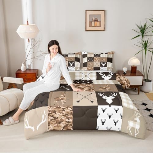 Camo Animal Kids Comforter Set Full Size,Deer Antlers Silhouette Bedding Set,Girls Boys Adults Bedroom/Xmas Decor,Checkered Geometric Down Comforter,Arrow Boho Tribal Duvet Insert,3pcs,2 Pillowcases