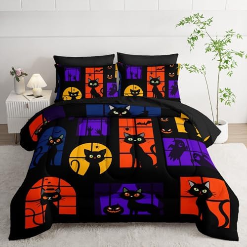 7Pcs Black Cat Comforter Set Cute Animal Printed Bedding Set with 1 Comforter, 1 Flat Sheet, 1 Fitted Sheet and 4 Pillowcases for Boys and Girls Bedroom All Season(Cat Queen