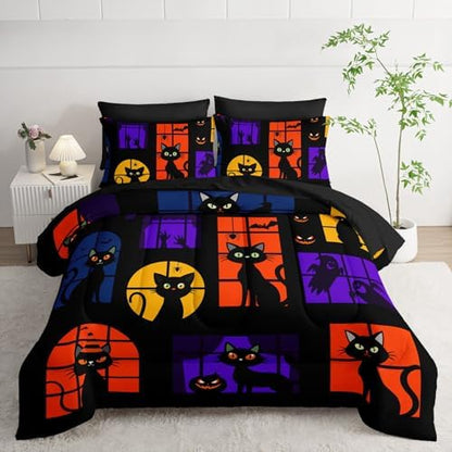7Pcs Black Cat Comforter Set Cute Animal Printed Bedding Set with 1 Comforter, 1 Flat Sheet, 1 Fitted Sheet and 4 Pillowcases for Boys and Girls Bedroom All Season(Cat Queen