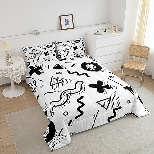 Manfei Memphis Comforter Set Queen Size, Retro 80s 90s Fashion Style Quilt Set with 2 Pillowcases, Geometric Black White Bedding Set 3pcs for Kids Boys Room Decor Lightweight Duvet Insert