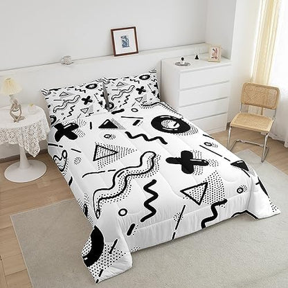 Manfei Memphis Comforter Set King Size, Retro 80s 90s Fashion Style Quilt Set with 2 Pillowcases, Geometric Black White Bedding Set 3pcs for Kids Boys Room Decor Lightweight Duvet Insert
