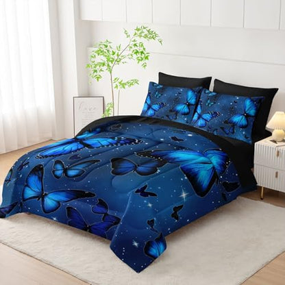 7Pcs Blue Butterfly Comforter Set Animals Printed Bedding Set with 1 Comforter, 1 Flat Sheet, 1 Fitted Sheet and 4 Pillowcases for Boys and Girls Bedroom (Butterfly King