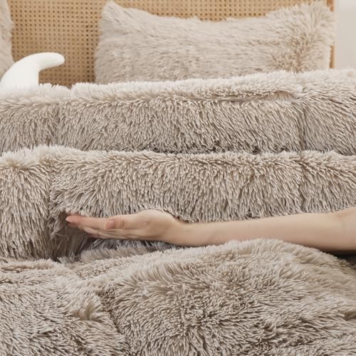 Smoofy Fluffy Twin Comforter Set, Oatmeal Faux Fur Comforter Set 2 Pieces