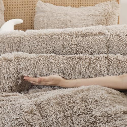 Smoofy Fluffy Twin Comforter Set, Oatmeal Faux Fur Comforter Set 2 Pieces