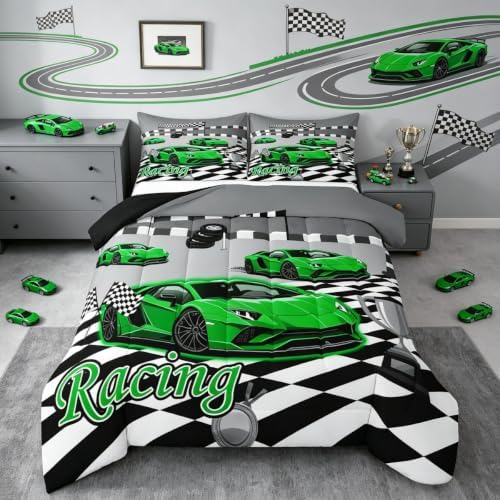 Feelyou Boys Race Car Kids Comforter Set King Size Speed Sports Car Bedding Set Racing Extreme Sports Duvet Quilt for Kids Boys Girls Bedroom Green Automobile Decor Microfiber Ultra Soft Breathable