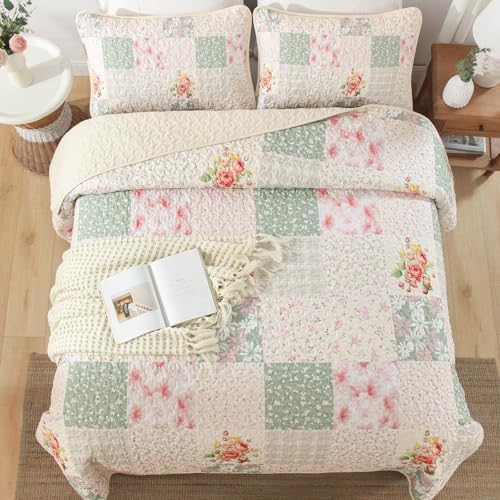 Mybedsoul Beige Boho Quilts Queen Size, Patchwork Reversible Bedding Set