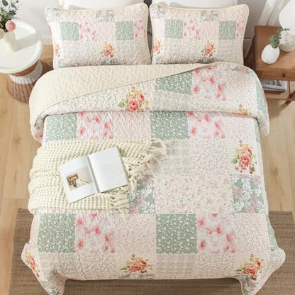 Mybedsoul Beige Boho Quilts Queen Size, Patchwork Reversible Bedding Set