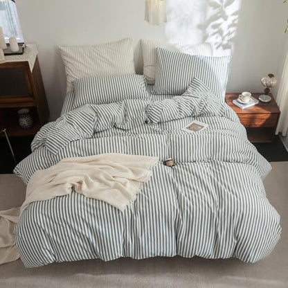 FOSSA Striped Duvet Cover Set 100% Washed Cotton Linen Feel Queen