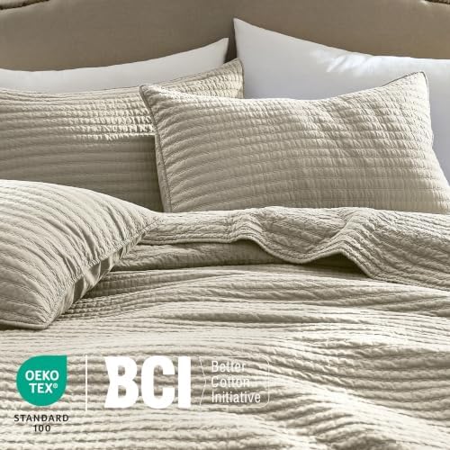WDCOZY 100% Cotton California King Size Quilt Set, Pick Stitch, Light Beige