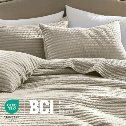 WDCOZY 100% Cotton King Size Quilt Set, Channel Pick Stitch, Light Beige