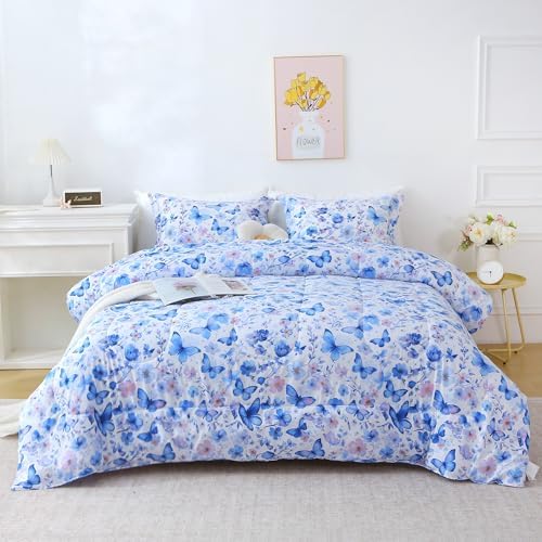 Mooreeke Floral Queen Size Comforter Sets, Violet Butterfly and Flower Patterned Bedding for All Seasons, 3-Piece Vintage Bed in a Bag with Fluffy Quilted Reversible Comforter & 2 Pillow Shams
