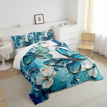 jejeloiu Teal Blue Butterfly Comforter Set Full Size Kids Oil Painting Style Bedding Set for Boys Girls Teens Boho Butterfly Duvet Breathable Animal Quilt Bedroom Decor,1 Comforter with 2 Pillowcase