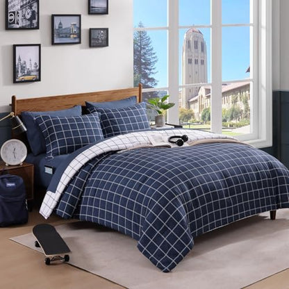 Plaid Twin XL Comforter Set Dark Blue 5 Pieces College Dorm Bed in a Bag