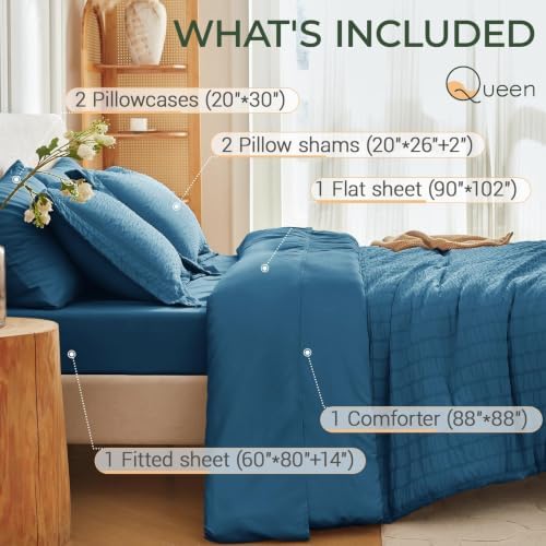 MUXHOMO 7 Pieces Queen Comforter Set, Seersucker Bed in a Bag Queen Size, All Season Luxury Bedding Set with Comforter, Flat Sheet, Fitted Sheet, Pillowcases & Shams, Teal