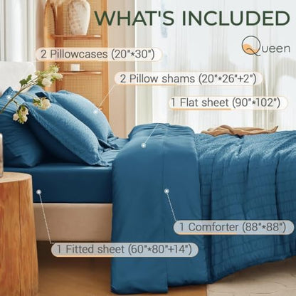 MUXHOMO 7 Pieces Queen Comforter Set, Seersucker Bed in a Bag Queen Size, All Season Luxury Bedding Set with Comforter, Flat Sheet, Fitted Sheet, Pillowcases & Shams, Teal